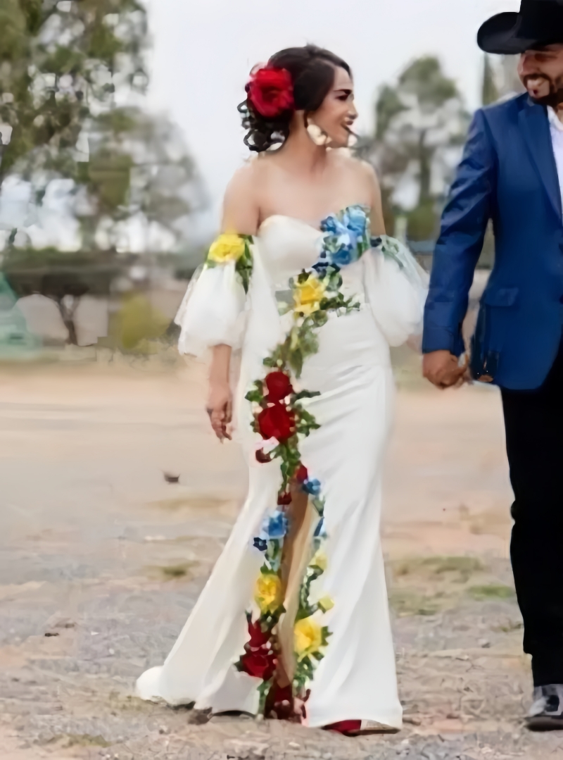 Elegant Embroidery Floral Wedding Dress Off Shoulder Mermaid Bridal Gown With Colorful Flower Lace Appliques Customized Bride Reception Gowns