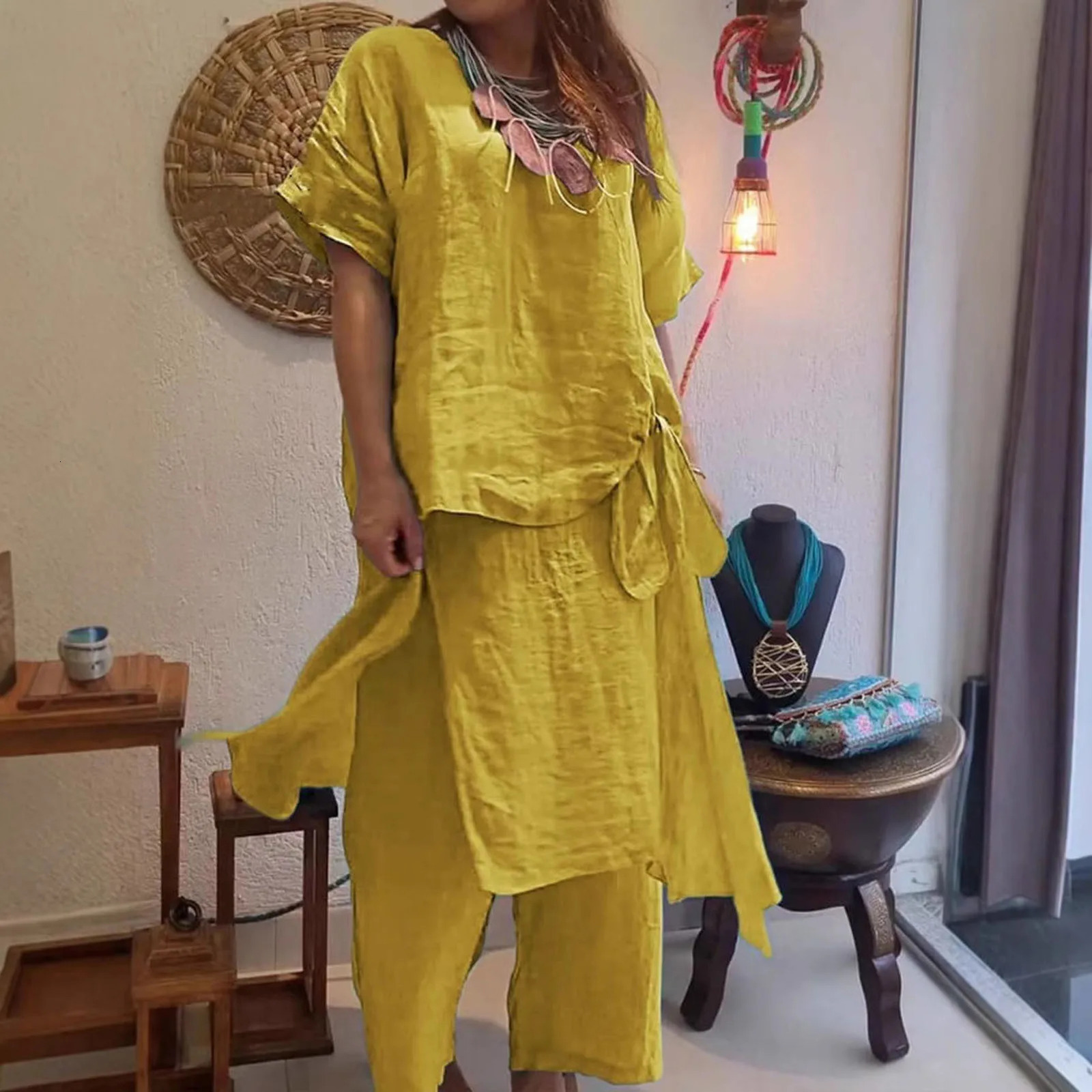 Simple Women Tops Pants Set Cotton Blend Short Sleeve Breathable Elastic Waist Outfit Suit T-shirt Pants Set Comfy 250605