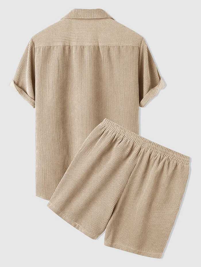 ZAFUL Mens Corduroy Casual Lapel Collar Solid Color Button Summer Short Sleeves Shirt And Shorts Set W250609