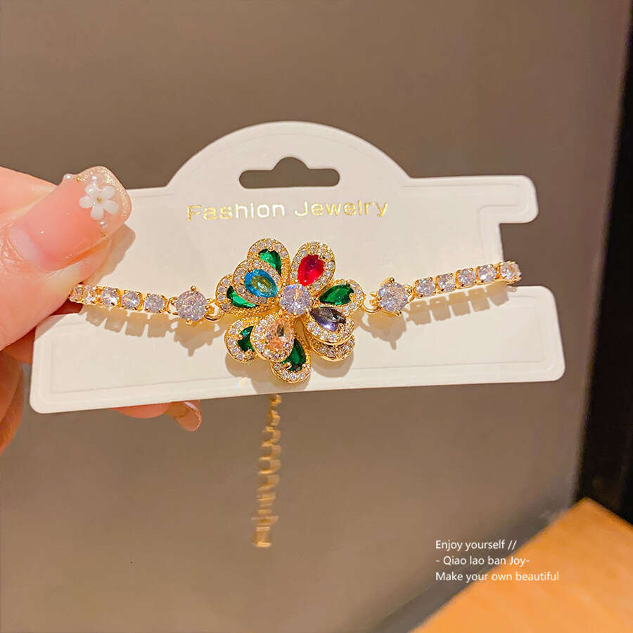 Real Gold Plated Zircon Flower Double Layer Color Light High-end Sense Bracelet Palace Style Fashion Jewelry