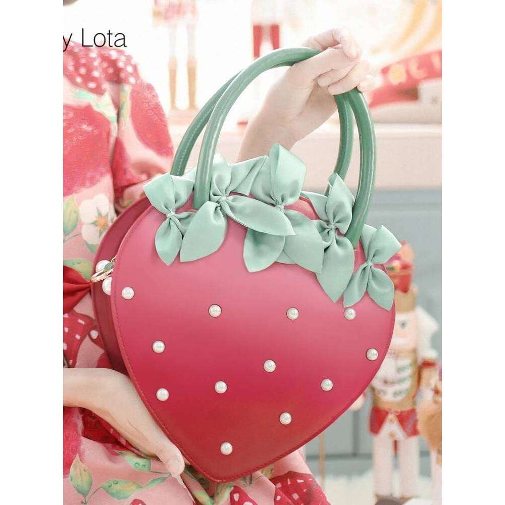 Original Lolita Sweet Girl Handbag Japanese Cute Little Strawberry Pearl Red Bow Daily Versatile Portable Diagonal Straddle Bag