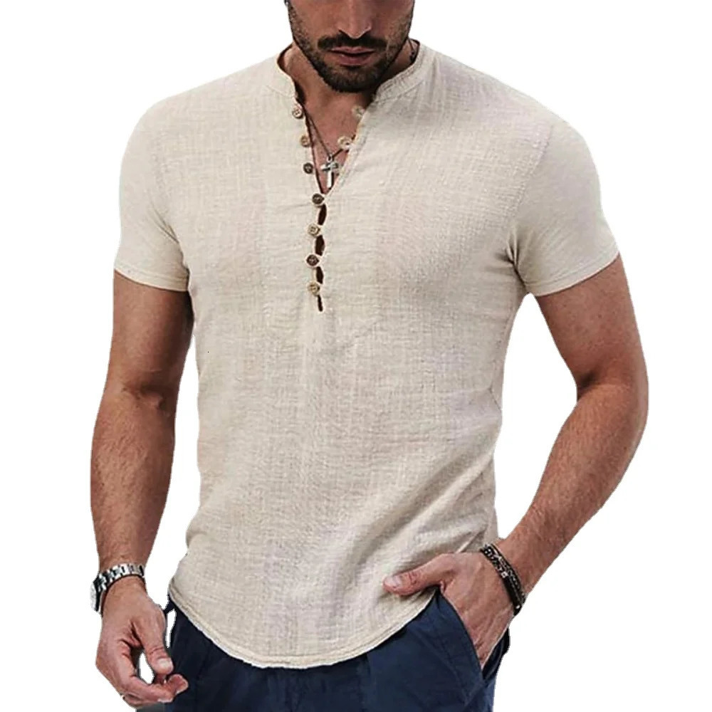 Mens Short Sleeve Tshirt V neck button Cotton Linen Shirt Mens Casual Clothes Tops for Men 250605
