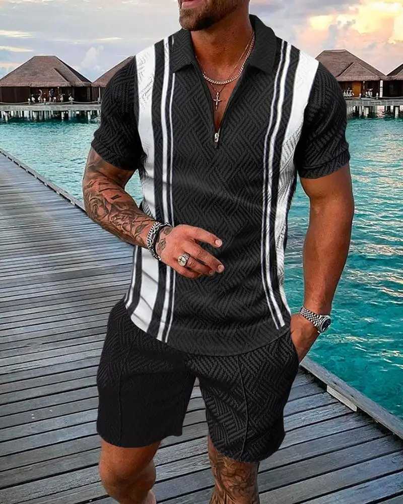 Summer Mens Zip-up POLO Collar Sports Suit Fashion Casual Street y2k Wear Sports Style Zip-up POLO Shirt And Shorts 2 Piece Set W250609