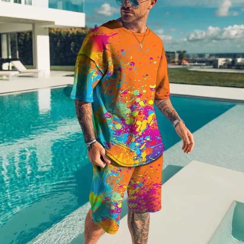 Fashionable Mens Sportswear Summer Beach Short Sleeve 3D Printed Shirt Set Street Wear T-shirt Shorts Mens Loose Size Clothes W250609