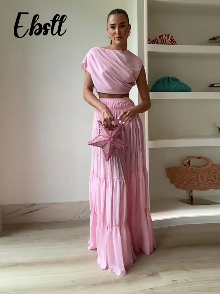 Solid Pleated Crop Top Skirts Suit Womens Elegant Pink Sleeveless Tops Elastic Waist Long Skirt 2025 Summer Ladies Outfit 250605