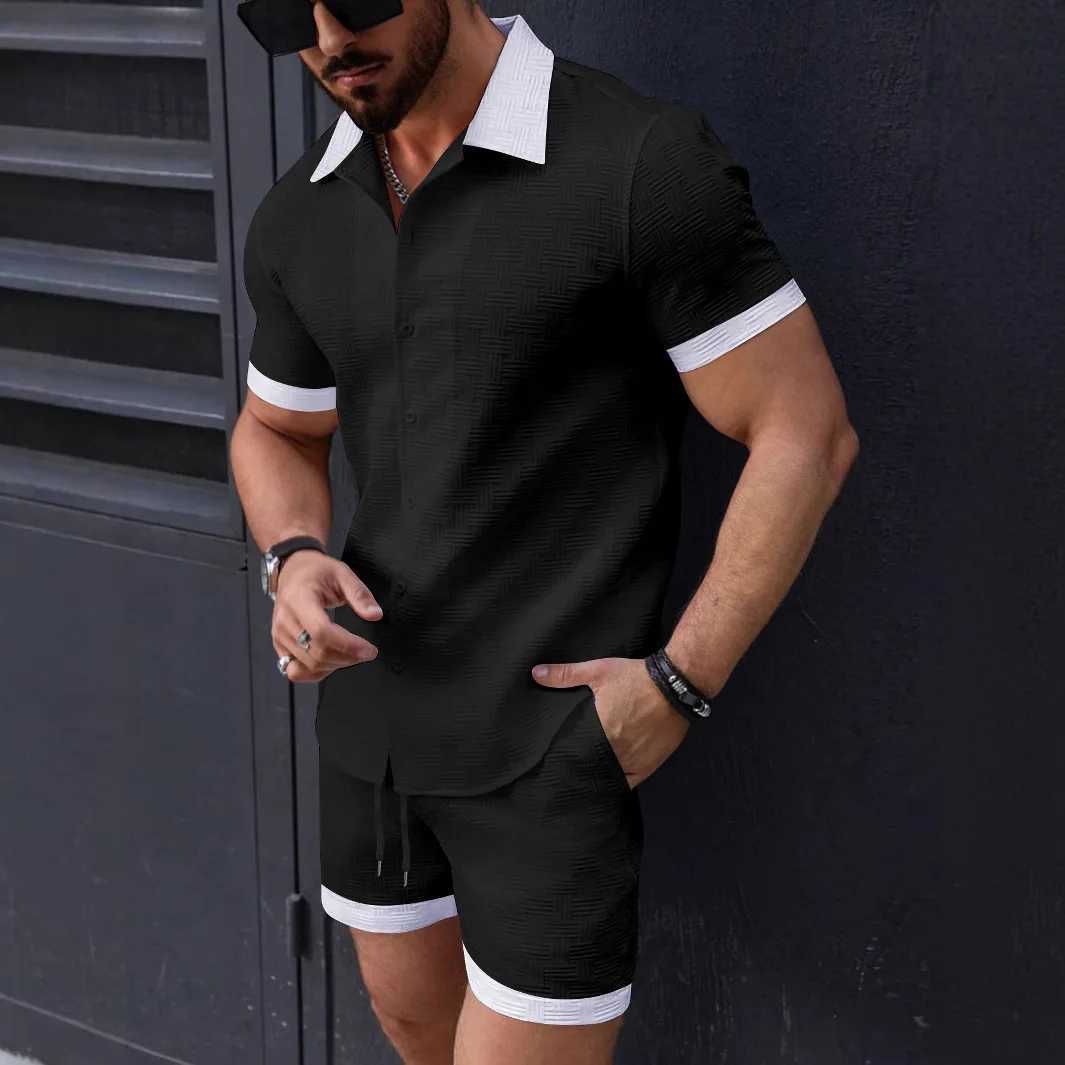 2025 Spring and Summer New European and American Fashion Casual Mens Shirt Color Short-Sleeved Shorts Beach Suit W250609
