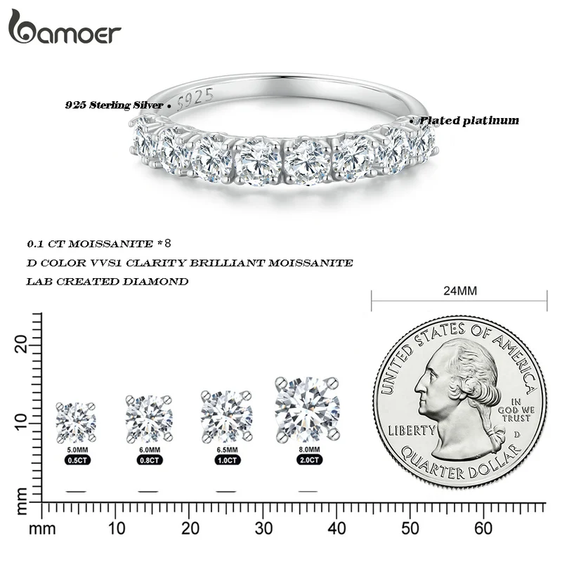 BAMOER Stackable Round Moissanite Ring Iris Lace Band 925 Sterling Silver Half Eternity Ring D Color for Women Engagement Gift
