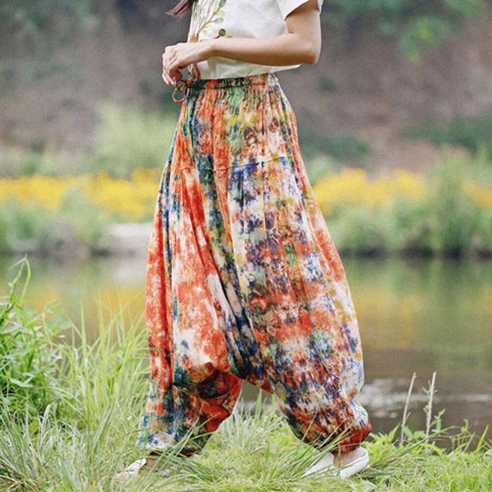 Women Boho Baggy Yoga Tie Dye Hippie Cotton Linen Harem Pants Female Beach Wear Elastic Waist Loose Drop-Crotch Trousers