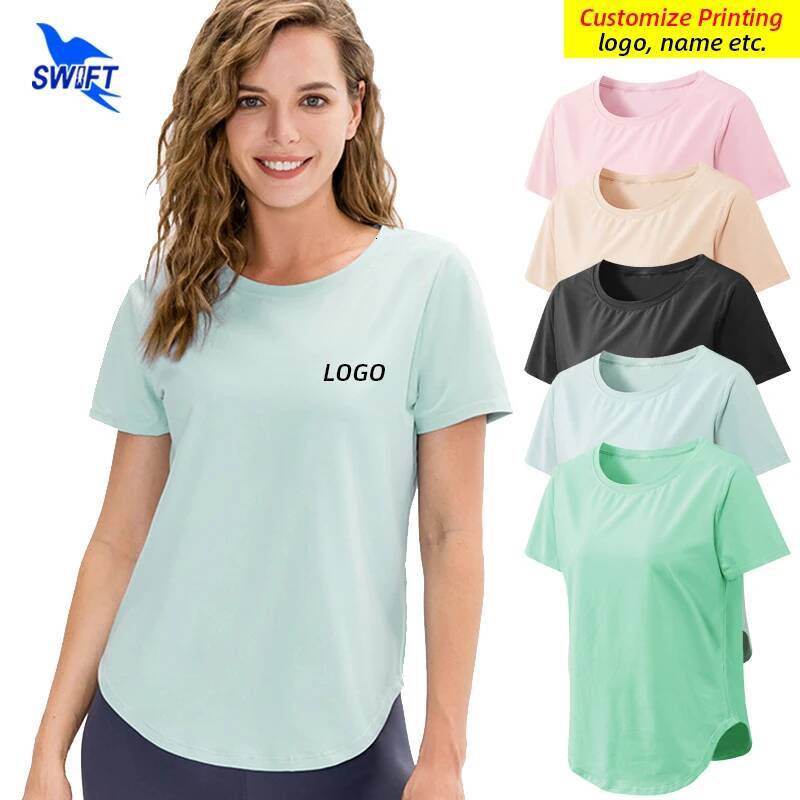 Customize Women Breathable Sport T Shirts Quick Dry Gym Fiess Loose Yoga Tops Short Sleeve Stretch Running Sportswear