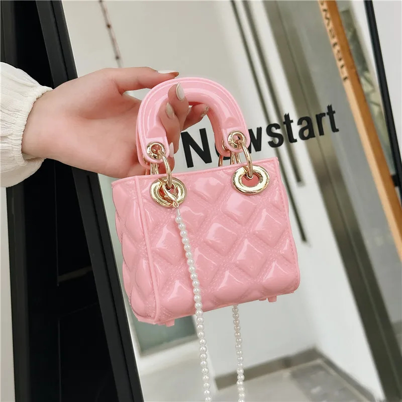 Fashion PVC Handheld Jelly Bag with Pearl Chain Candy Color Crossbody Single Shoulder Toy for Women Girls 250605