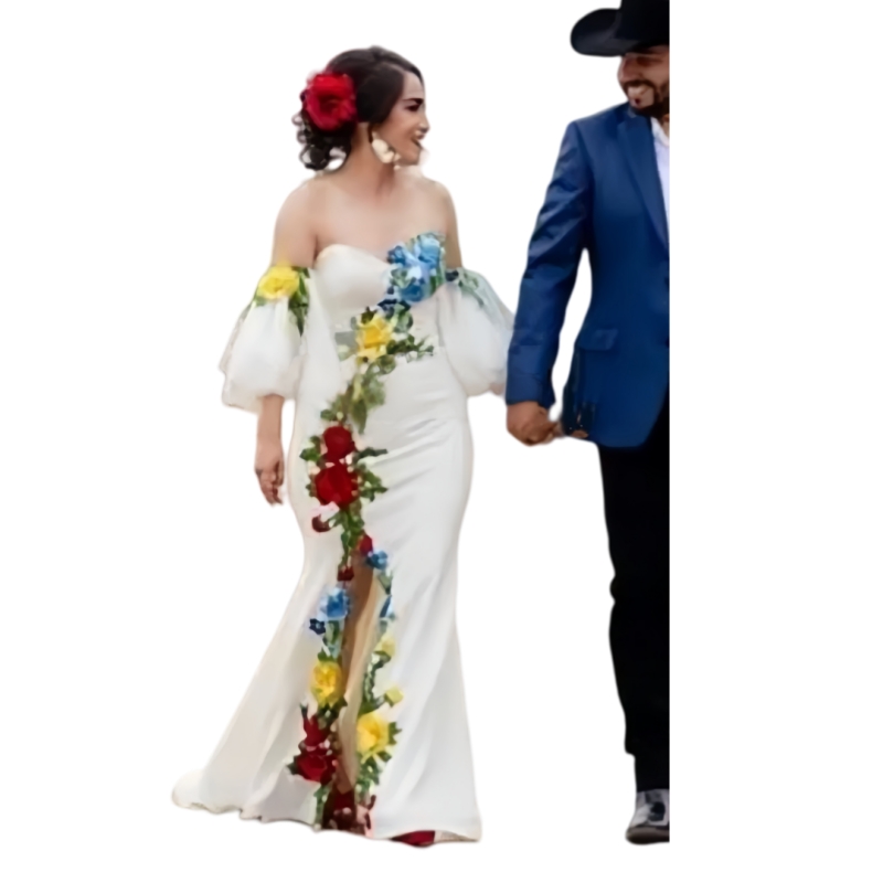 Elegant Embroidery Floral Wedding Dress Off Shoulder Mermaid Bridal Gown With Colorful Flower Lace Appliques Customized Bride Reception Gowns