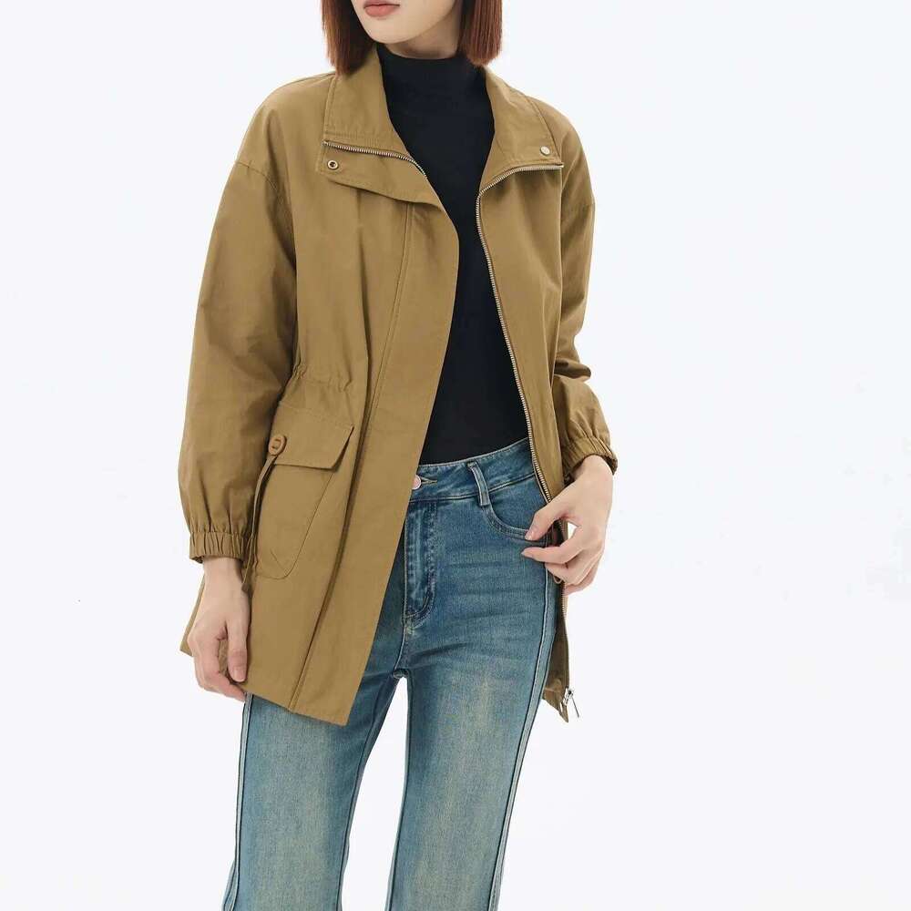 Female Windproof Overcoat Long Sleeve Zipper Jackets Mid Length Version Windbreaker Red Khaki Spring Autumn Women Coat