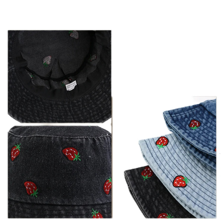 Spring Summer Strawberry Embroidery Denim Jeans Bucket Hat Legent Fisherman Hats for Women Foldable Sport Sun Beach Panama Caps 250605
