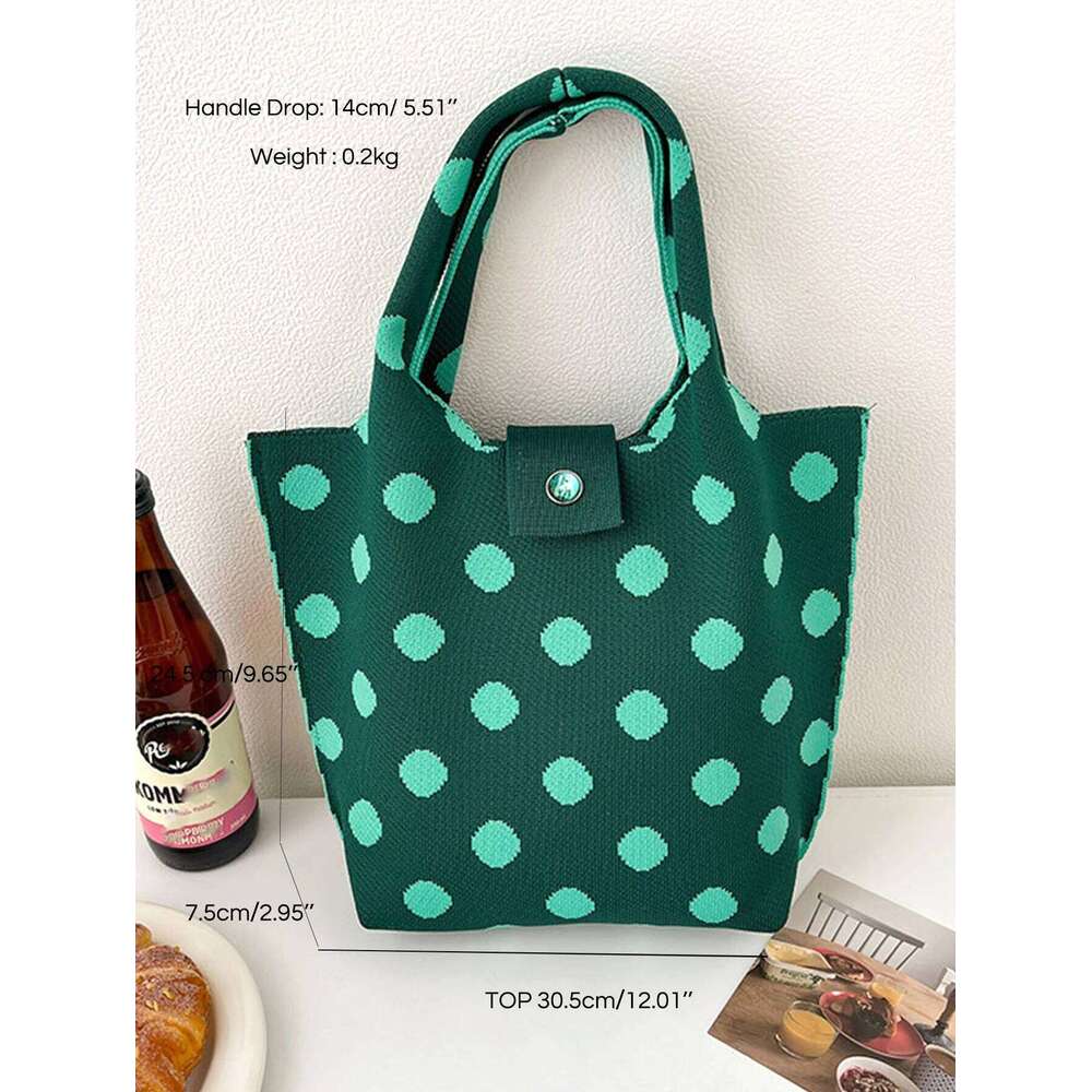 CEZIRA Polyester Knitting Handbags Contrast Color Dots Pattern Purse Women Top-Handle Bucket Bags Random Button Daily Travel