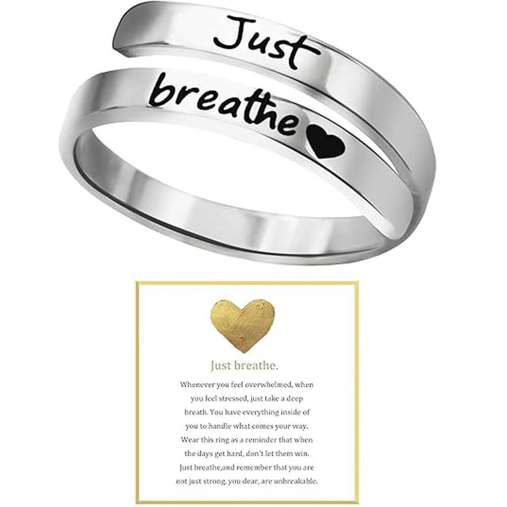 Just Breathe Ring for Women Men Adjustable Heart Ring Stainless Steel Spiral Wrap Healing Rings Inspirational Heartfelt Gift W250606