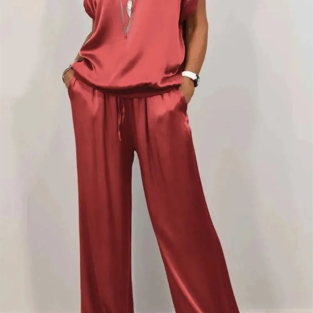 2025 Summer Elegant Womens Fashion Short-sleevedlong Trousers Sleeve Round Neck Loose Shirt Wide Leg Pants Casual 2-piece Set 250605