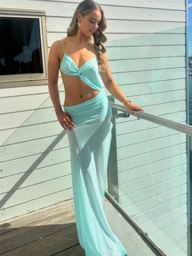 Mesh Halter Beach Dress Split Hollow Out Bikini Solid Color High Waisted Long Slip Dresses Sexy Suspender Robes Womens Clothing 250605