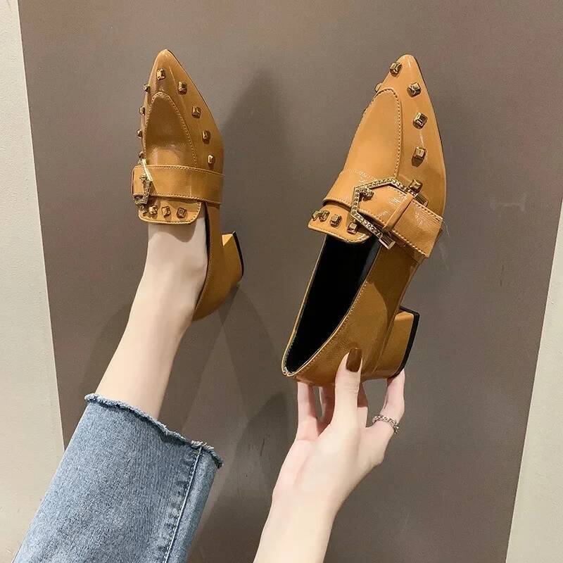 ddmyoutdoor Spring Rivet Women S Pointed Toe Thick Heels Fashion British Style Loafer Female Slip On Shoes Zapatillas Mujer Outdoor Outdoor Shoes