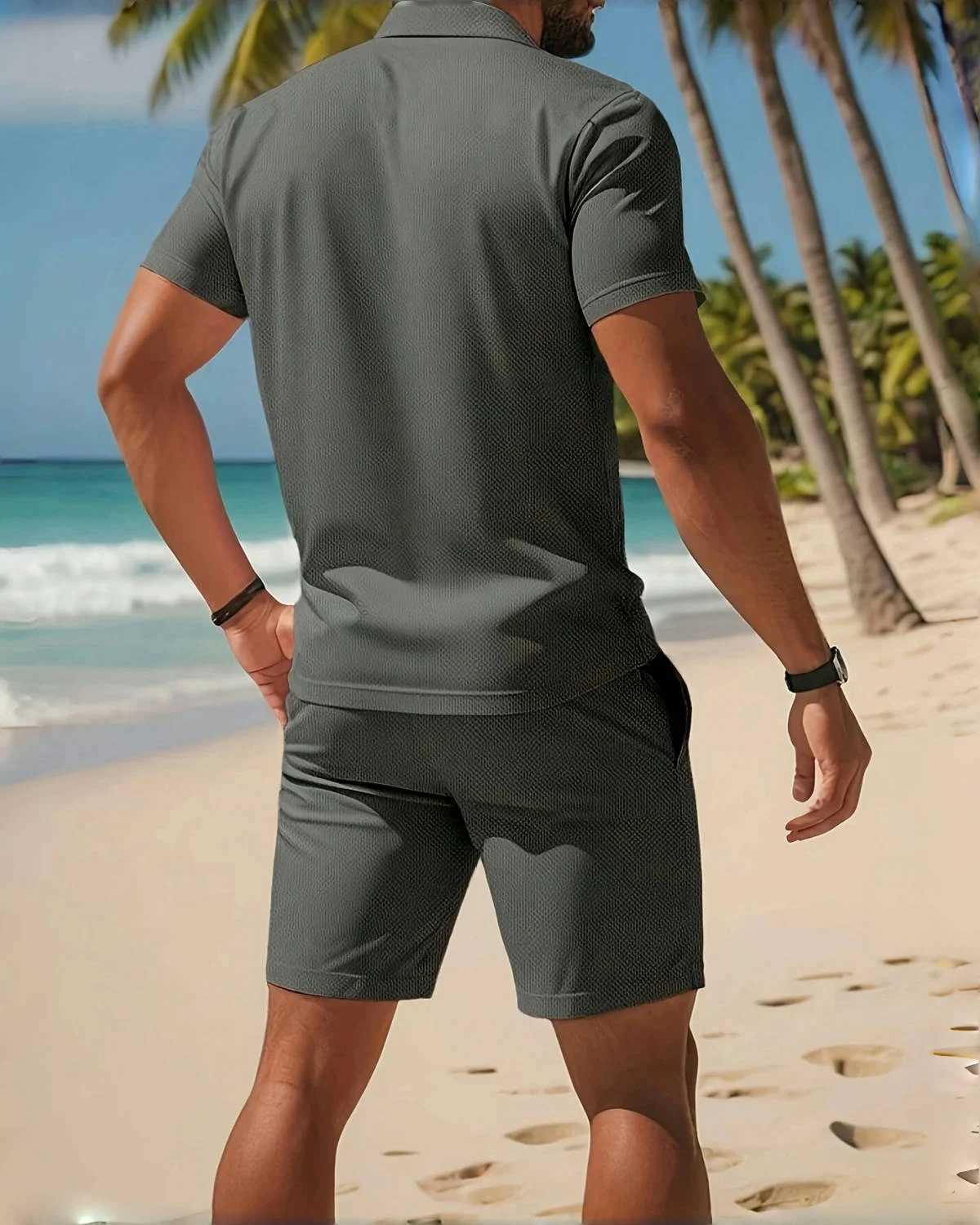 Mens Business Casual Beach Sports Two-piece Set Drawstring Elastic Waist Sports Shorts Set Button Access Control Lapel Top W250609