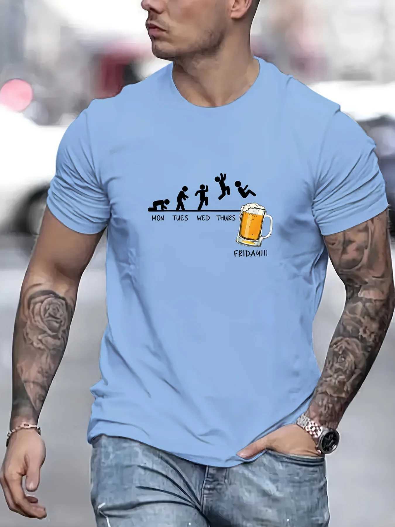 Summer Mens 00% Cotton Casual Loose Size Jumping In Beer Print Round Neck Short Sleeve T-shirt Top W250607