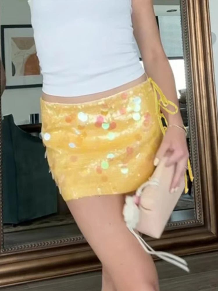 Chic Sequined Mini Skirt Women Sexy High Waist Side Split Lace Up A-line Skirts 2025 Spring Summer Glitter Lady Club Party Skirt 250605