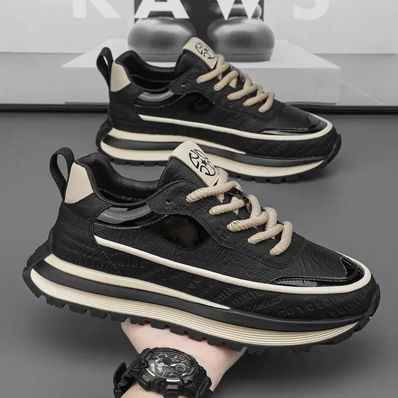 Ddmyoutdoor Men S Casual New Fashion Sport Spring Black Chunky Sneakers Comfortable Leather Platform Shoes Outdoor Shoes