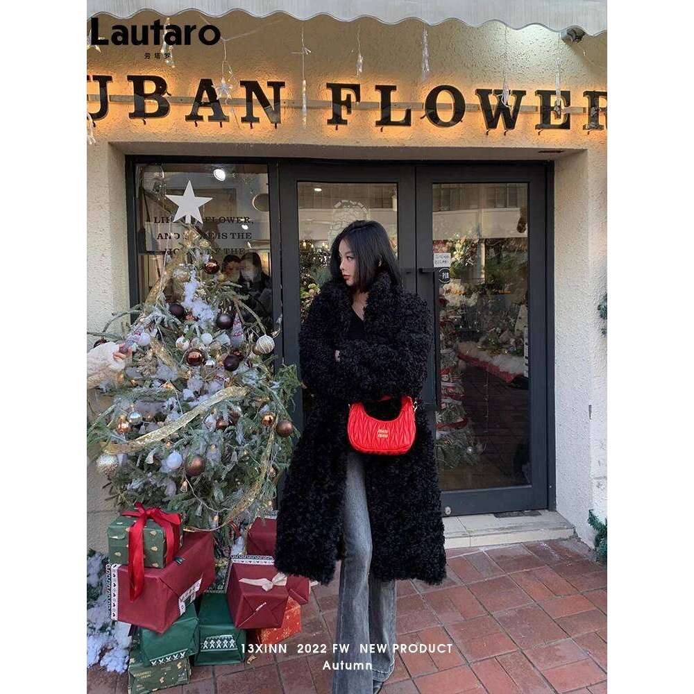 Lautaro Winter Long Loose Casual Soft Thick Warm Fluffy Black Faux Fur Coat Women Stand Collar Hairy Furry Fuzzy Overcoat 2023