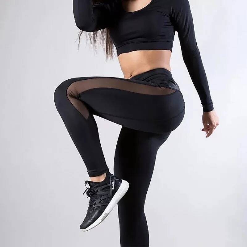 Female Sexy Sports Yoga Pants Mesh PU Patchwork Hip Lifting Gym Fiess High Waist Seamless Leggings Summer Clothes New