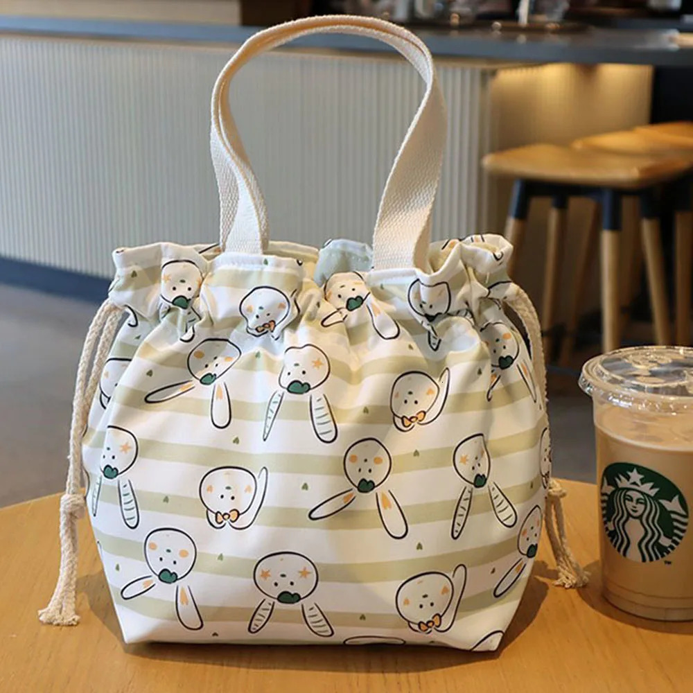 Lunch Bag Cartoon Flowers Canvas Lunch Box Drawstring Picnic Tote Eco Bento Bag Small Handbag Dinner Container Food Storage Bags 250606
