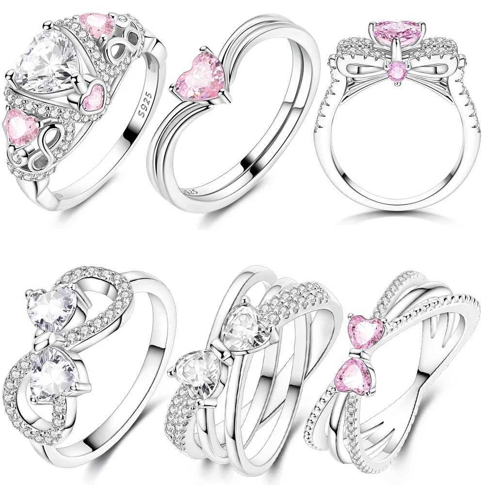 Original Pink Zircon Heart Bow Ring 925 Sterling Silver Womens Accessories Jewelry Valentines Day Fine Ring Gifts SetXJ250606