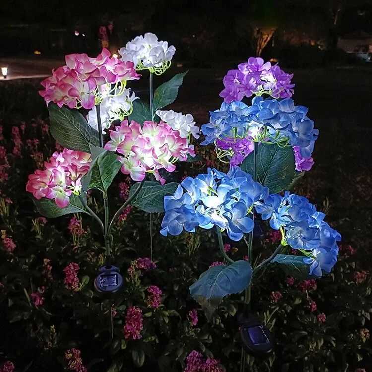 Solar LED 3 Head Hydrangea Rose Flower Light for Outdoor Garden Lawn Patio Country House Vegetable Patch Walkway Path Decoration W250607