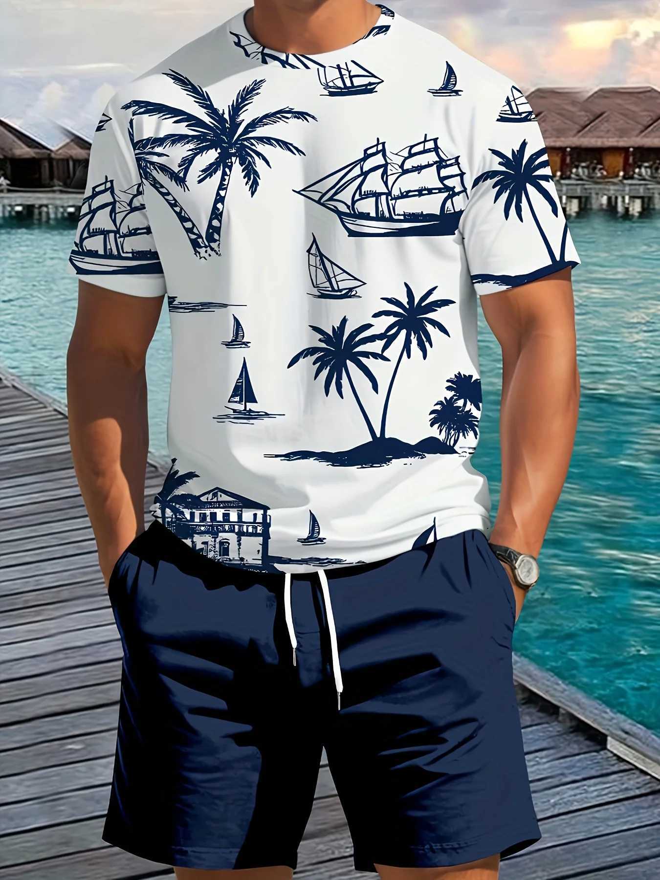 Summer Casual Daily Mens Short Sleeve Shorts Set Hawaiian Printed Mens T-Shirt Outdoor Sports W250609