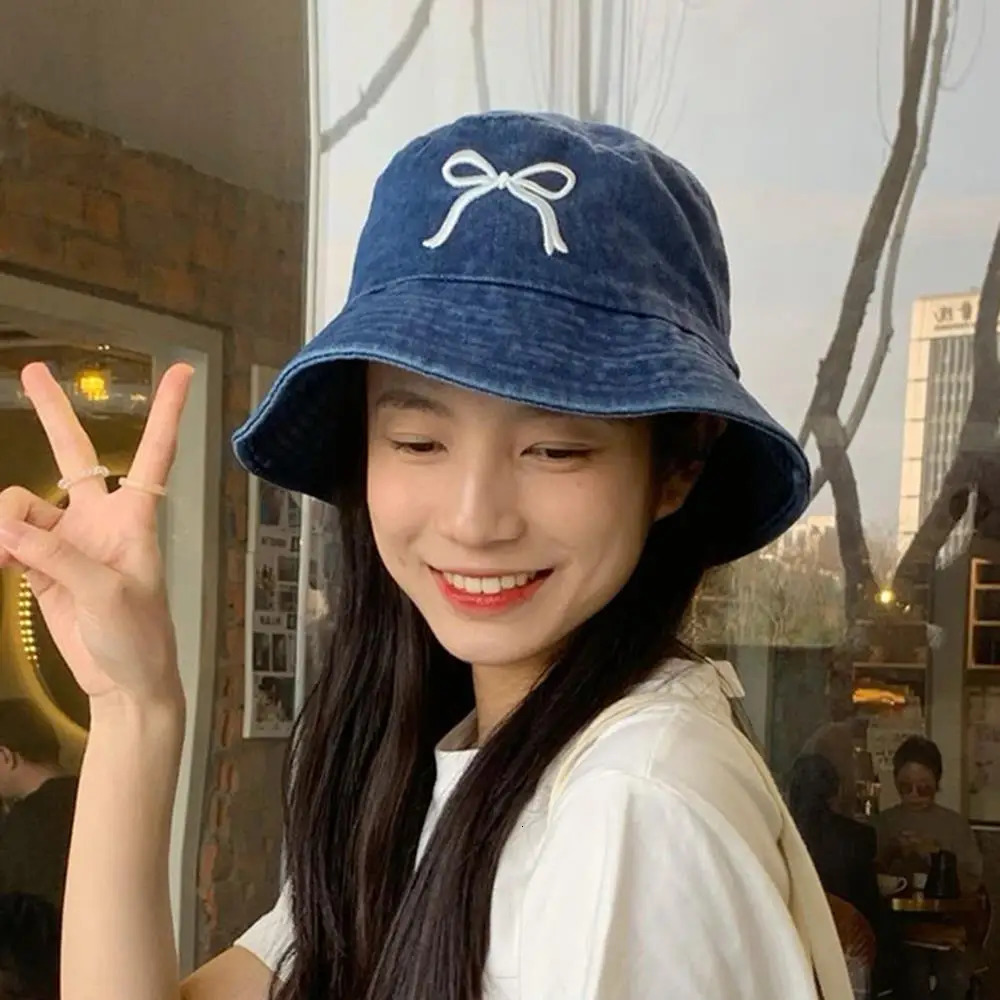 Summer Embroidery Bow Washed Denim Bucket Hat For Women Panama Hats Outdoor Fisherman Hat Beachside Sunscreen Visor Cap 250605