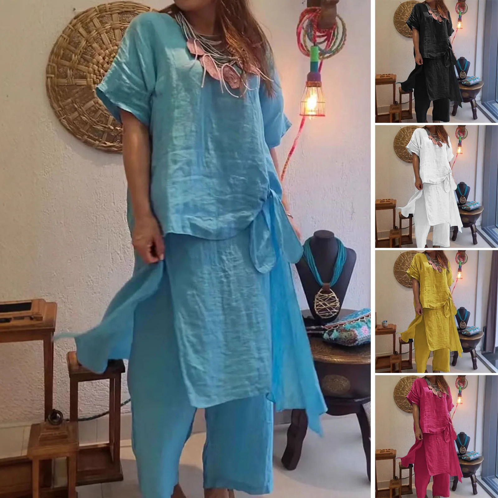 Simple Women Tops Pants Set Cotton Blend Short Sleeve Breathable Elastic Waist Outfit Suit T-shirt Pants Set Comfy 250605