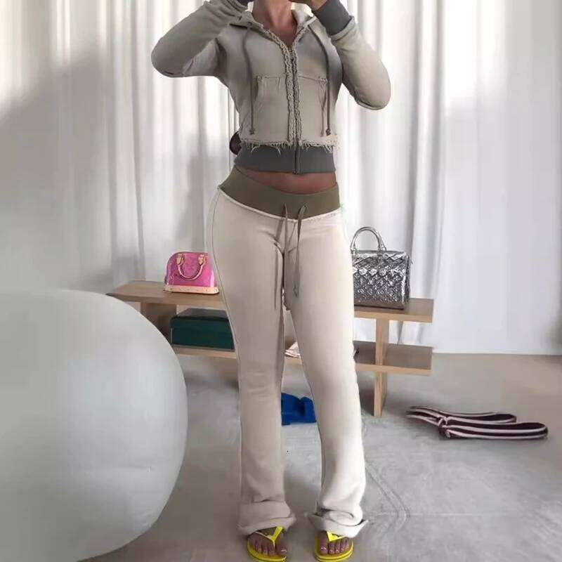 2 Two Piece Lounge Set Women Clothing Elegant Tracksuit Drawstring Hoodie Zip Crop Jacket and Flared Pants Outfit Matching Sets