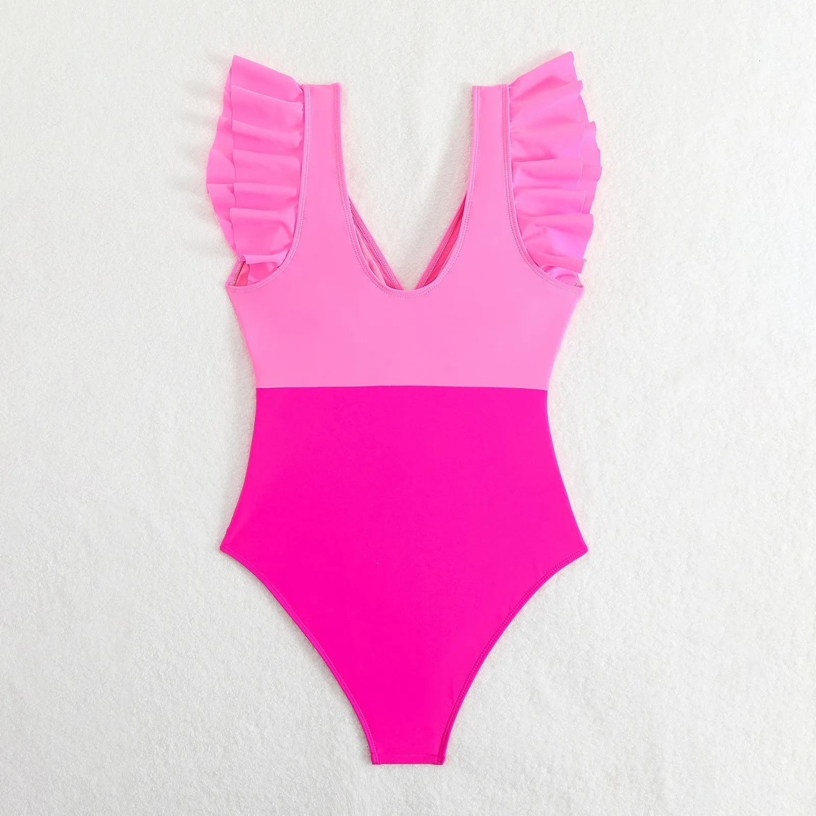 2025 Ruffles Sleeve Swimsuit Sexy VNeck Patchwork Color Swimwear Monokini High Waist Swimming Suit Beachwear 250530