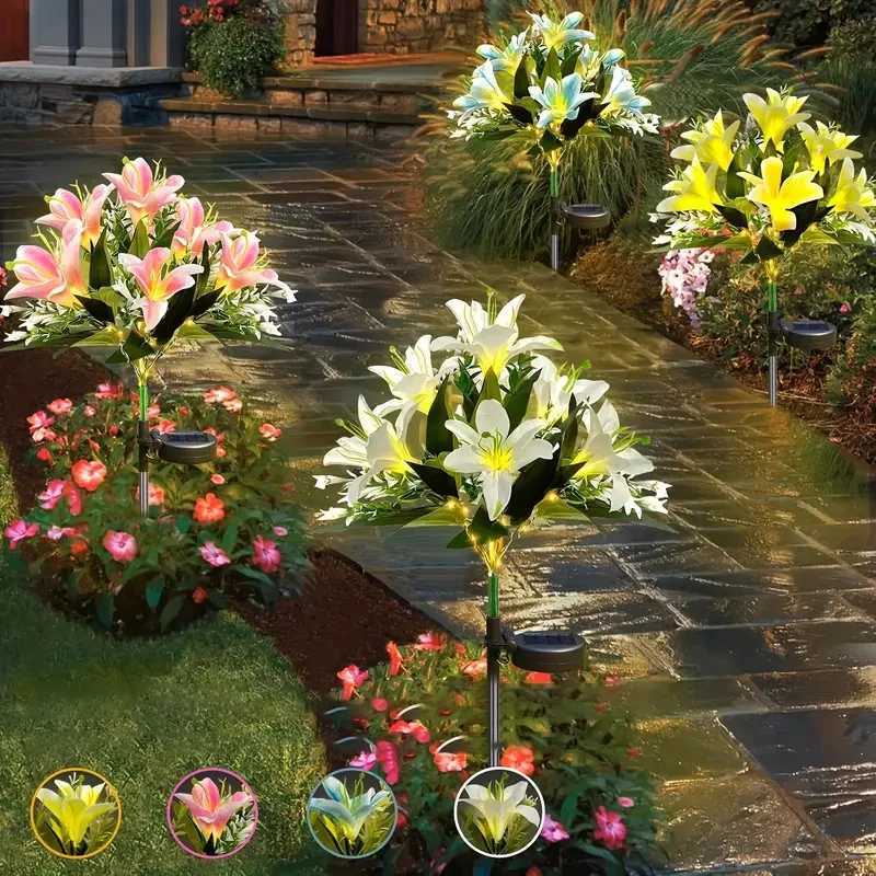 Solar Garden Lights Outdoor Solar Lights with 7-Head Lily Flower Lights for Garden Decoration Lawn Lights Yard Patio Landscape Lights XJ250606