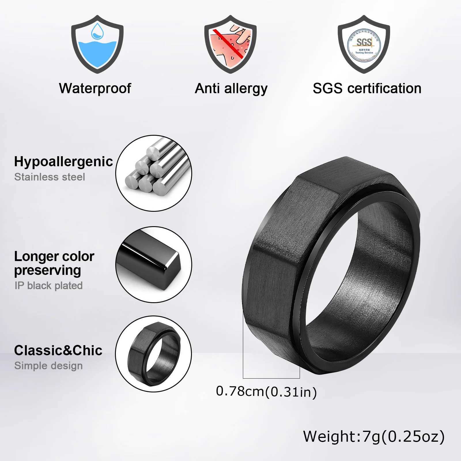 Vnox Geometric Spinner Ring 7-11 Size 7.8mm Band Width Black Silver Color Stainless Steel Jewelry Gifts for Men Boyfriend Him W250606