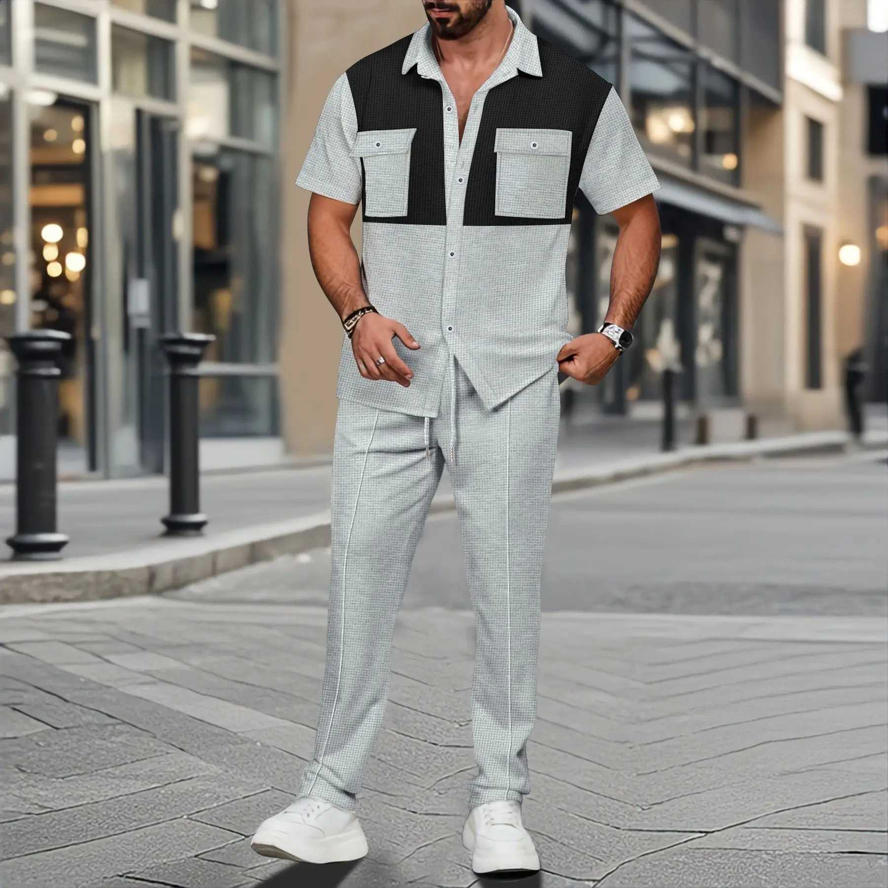 2025 Summer New Men Light Ripe Casual Solid Color Button Pocket Fashion Waffle Trend Shirt Short-Sleeved Trousers Two-Piece Set W250609