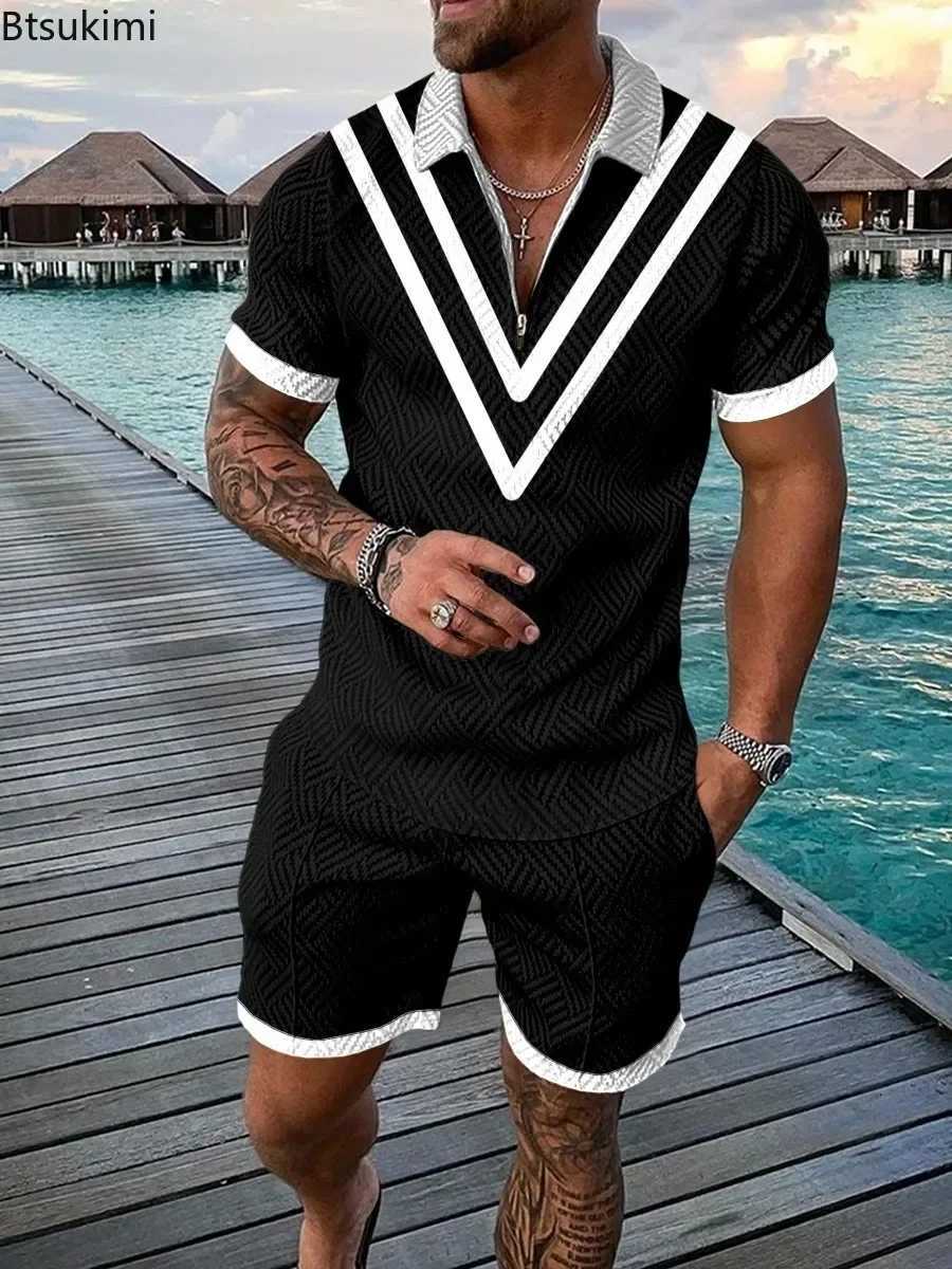 2025 Mens Summer 3D Print Polo Shirt Sets Casual Turn Down Collar Tracksuit Sets Man Beach Style Outfits Streetwear Sets Male W250609