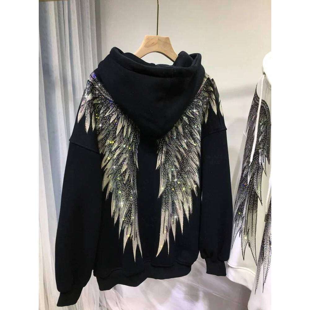 Women Big Wings Hot Drilling Hooded Jacket Dias Beaded Hoodies Coat Rhinestones Cardigan Zipper Plus Veet Tops