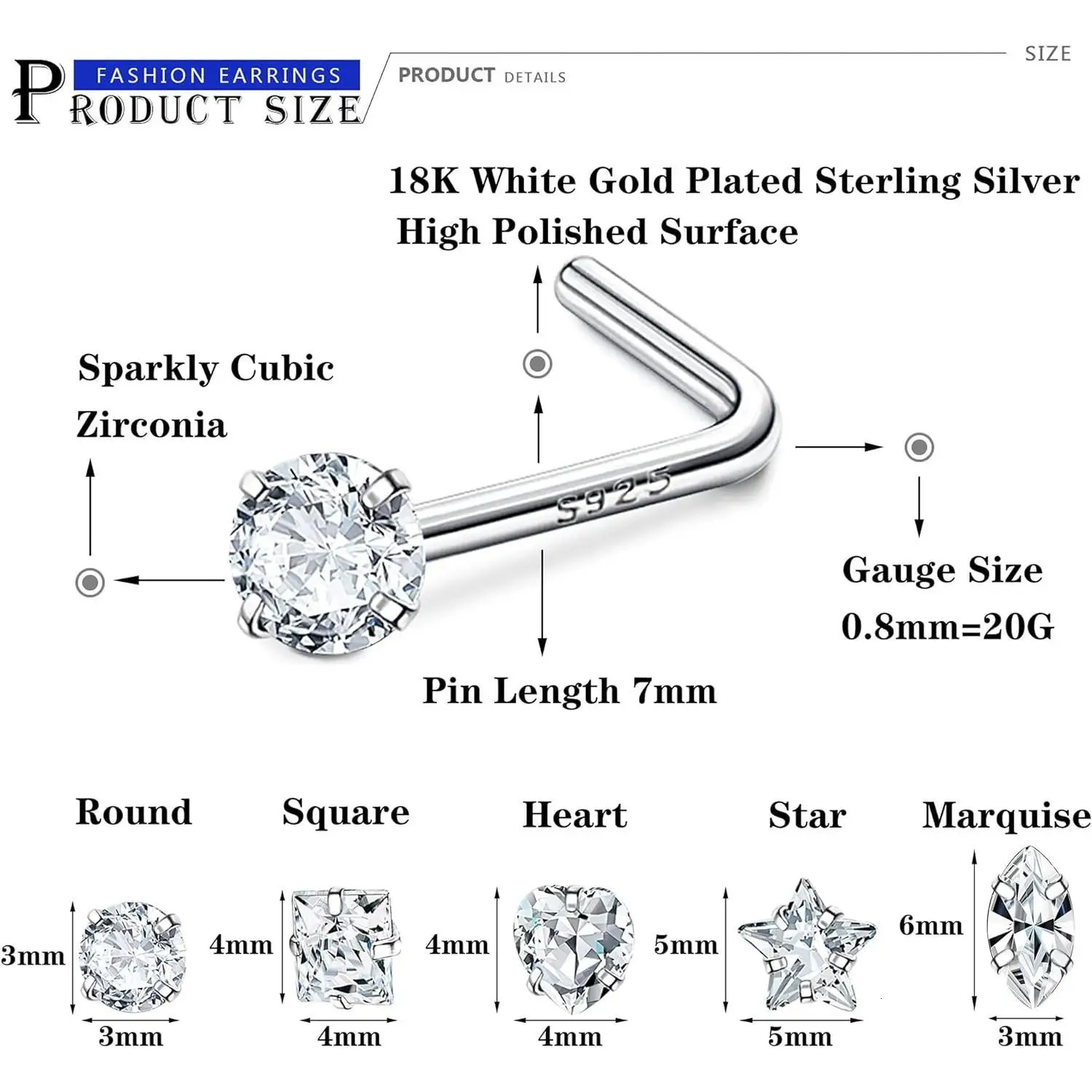 Fansilver 8Pcs S925Sterling Silver Nose Rings Studs for Women Men Star Marquise Heart Square Round Shaped L Shape Nose Ring 250605
