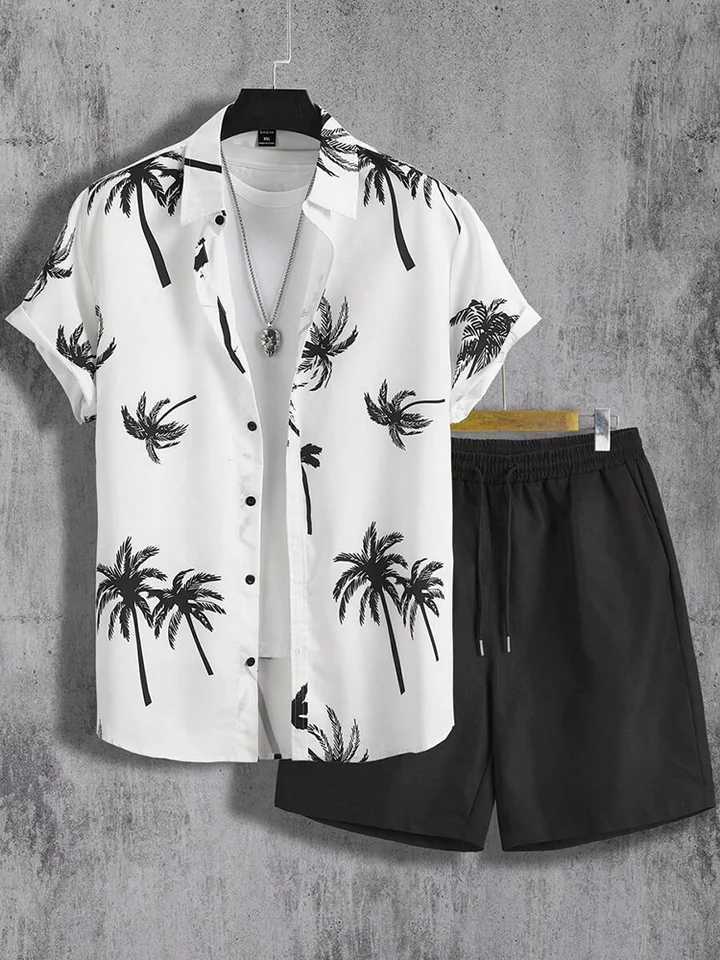 Coconut Tree Print Mens Short Sleeve Shirt And Beach Shorts Set Summer Everyday Mens Casual Shirt Hawaiian Style Mens Shorts W250609