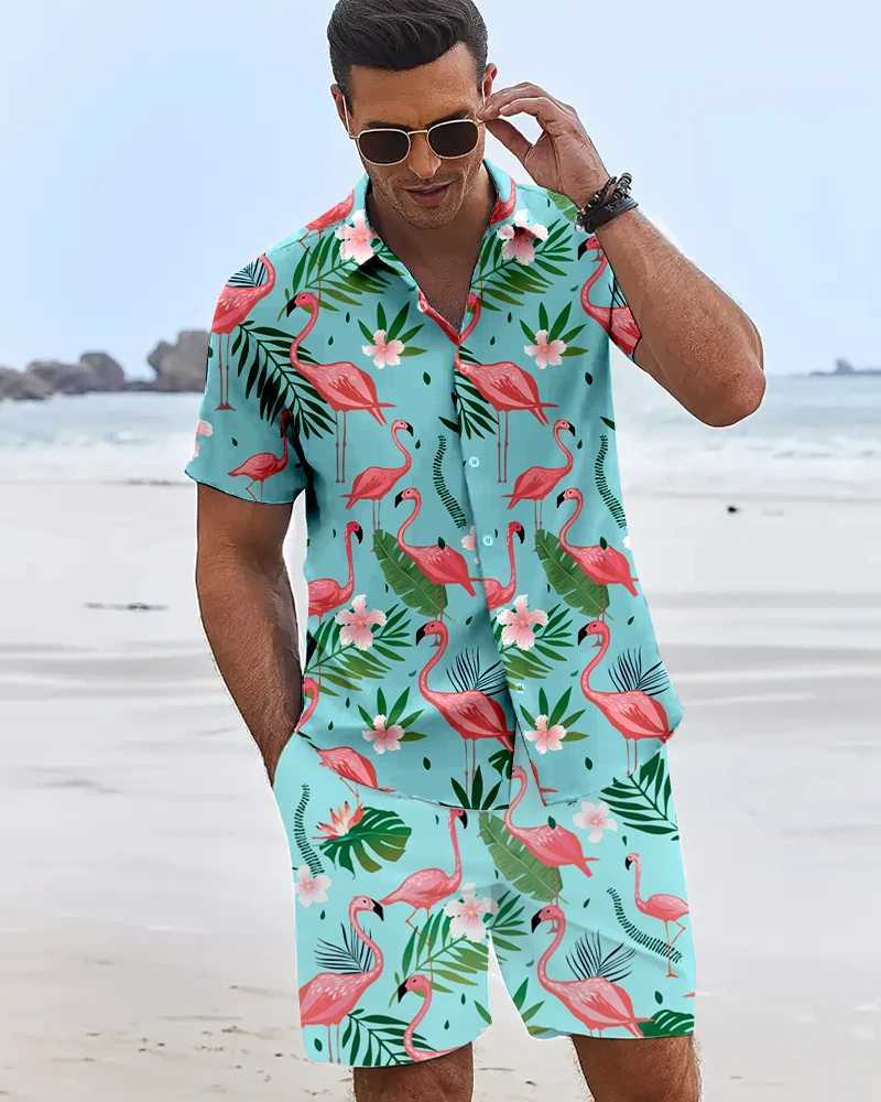 New Summer Flamingo Print Mens Short Sleeve Shirt Hawaii Mens Sports Shorts Summer y2k Mens Casual Shirt and Beach Shorts Set W250609