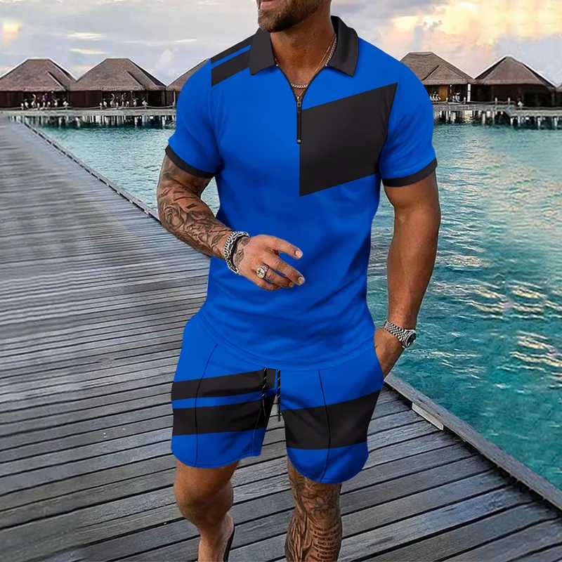 Mens fashion casual light luxury POLO shirt set summer lapel short-sleeved Half zipper sports trend slim-fit mens T-shirt W250609