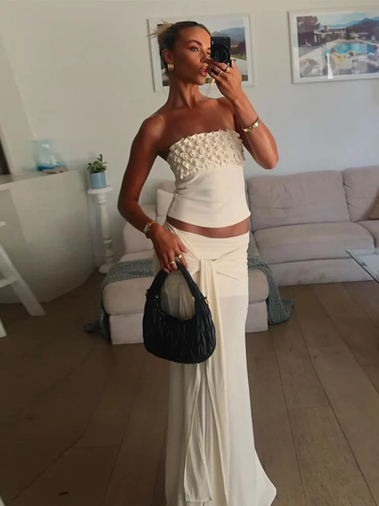 Sexy Flower Crop Top Midi Skirt Sets Women Beach Slim Sleeveless Chest Wrap Vest Intersect Skirts Female Suit 2025 Holiday 250605
