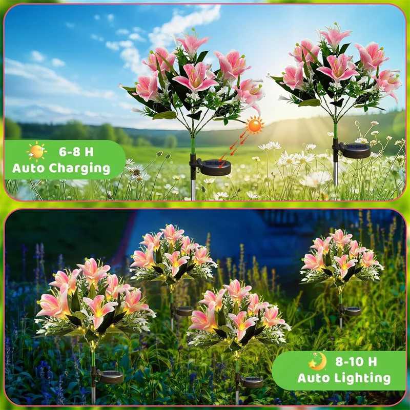 Solar Garden Lights Outdoor Solar Lights with 7-Head Lily Flower Lights for Garden Decoration Lawn Lights Yard Patio Landscape Lights XJ250606