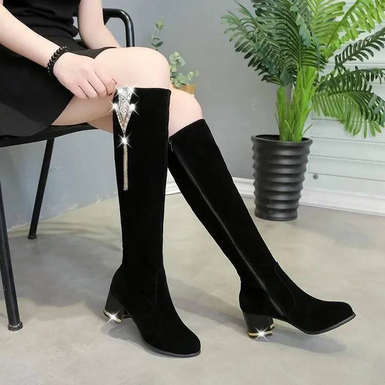 Ddmyoutdoor Women S Long Boots Fashion Rhinestone Thick Heeled High Knee High Zipper Retro Knight Boot Shoes Outdoor Shoes