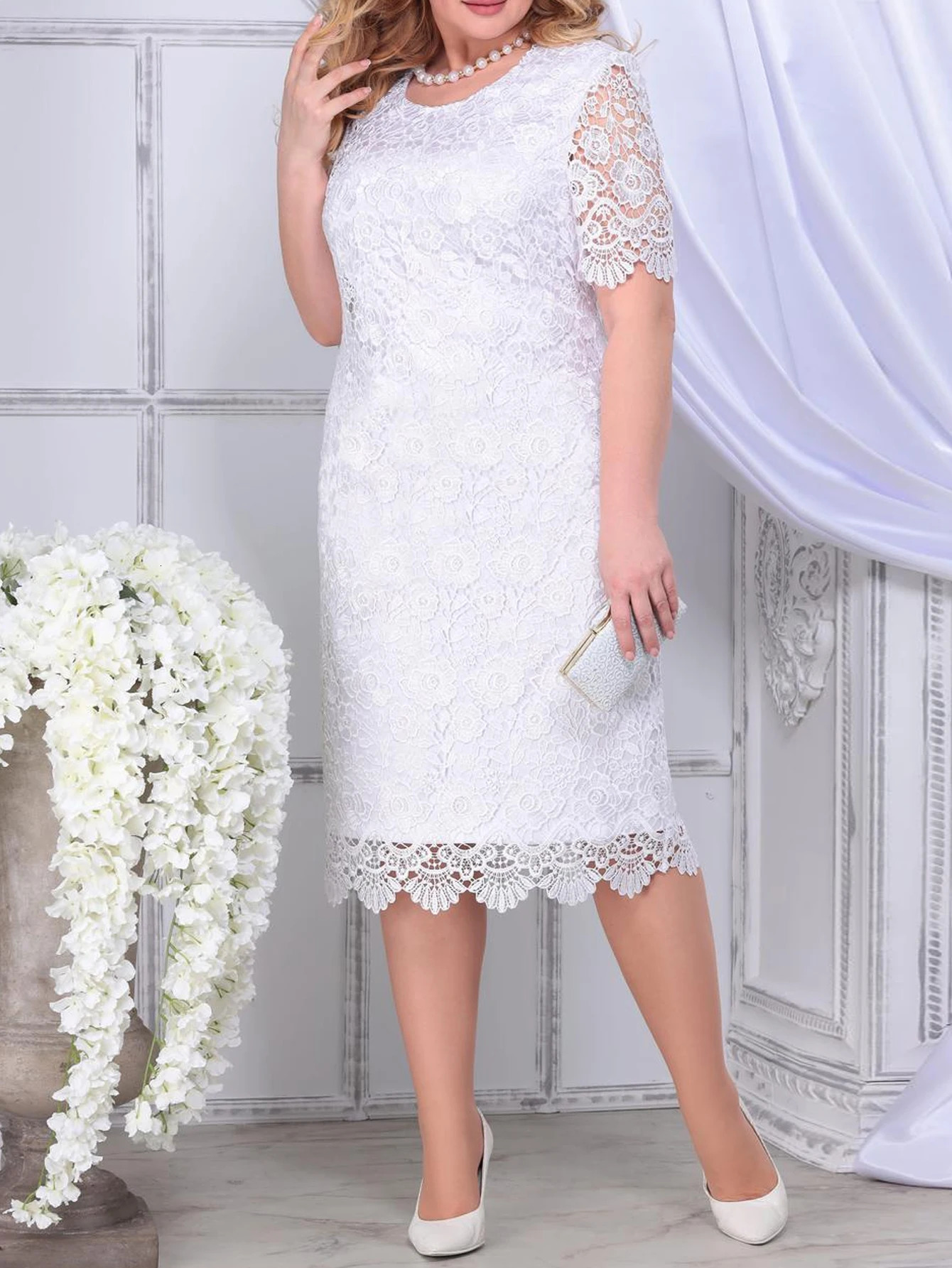 Plus Size Elegant Party Dresses White Woman Summer Embroidery Floral Wedding Guest Slim Pencil Midi Dress Vestidos 250526