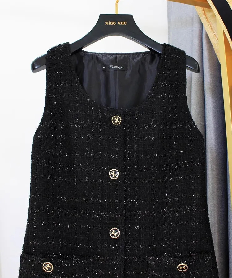 Womens Autumn Winter 5XL Black High Quality Tweed Fragrant Sleeveless Tank Top Dress Party Vestidos 250603